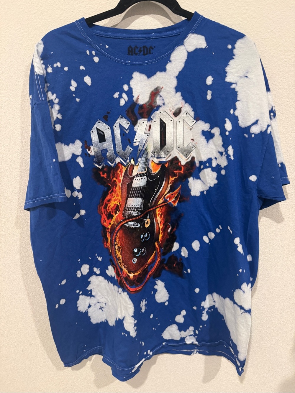 blue and white tie-dye AC/DC band T-shirt